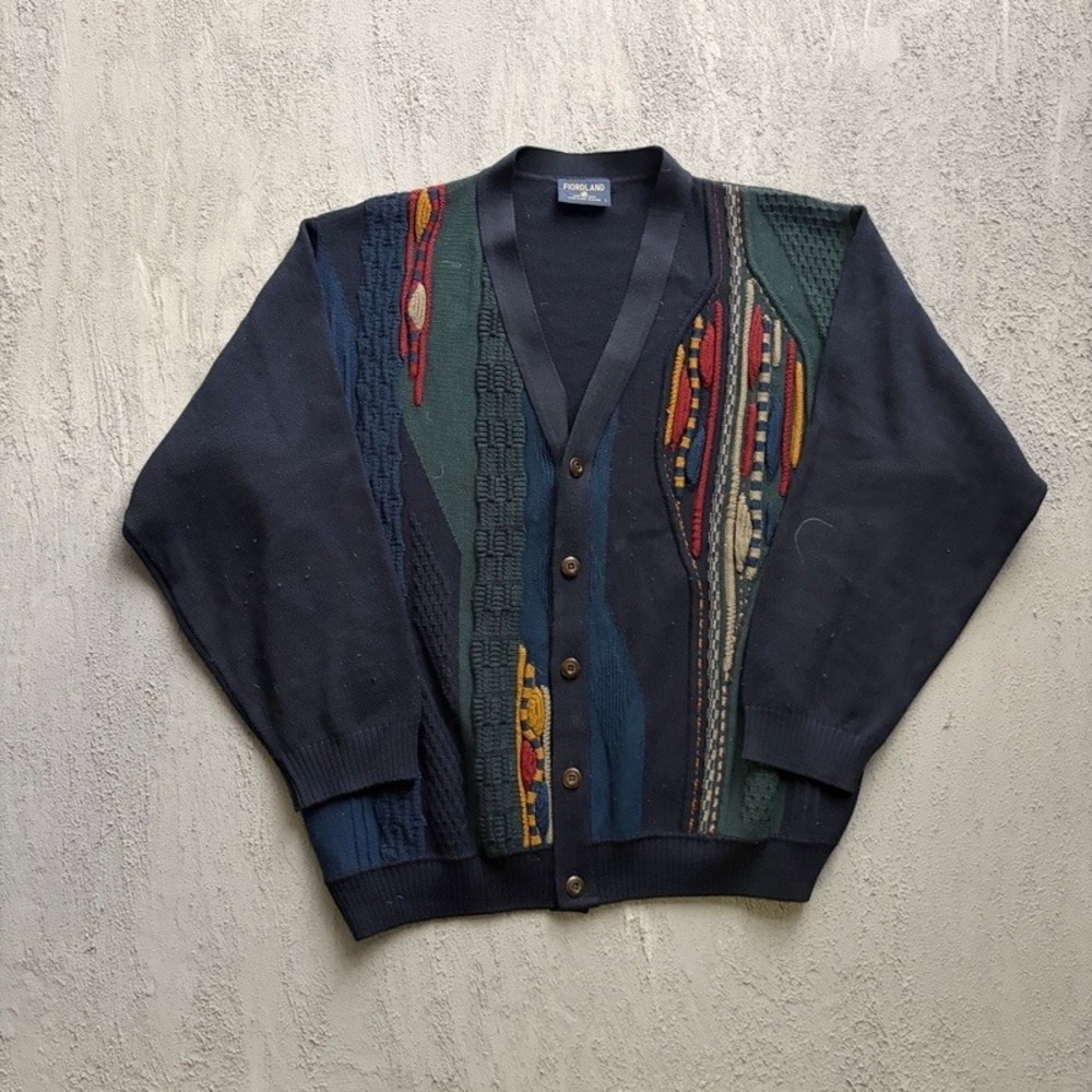 Vintage Fiordland Wool Cardigan Large 1990s Coogi Style New Zealand
